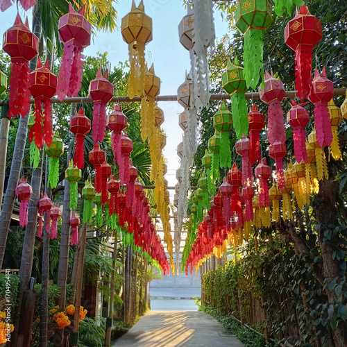 Lanterns Festival Celebration: A colorful array of vibrant paper lanterns strung overhead, creating a magical atmosphere as the sun casts a warm glow.