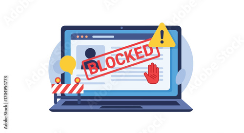 Illustration of a laptop screen displaying a blocked user profile with a warning sign.