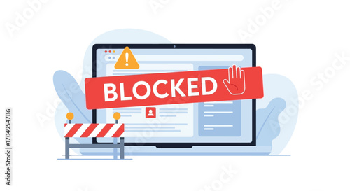 Website blocked on a laptop screen with a warning sign and a barrier.