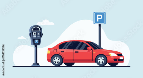 Red car parked at a parking meter with a parking sign.
