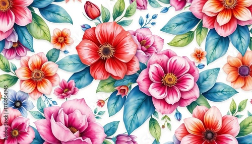 Intricate watercolor floral pattern, vibrant blooms & lush leaves on a soft background, lush, border