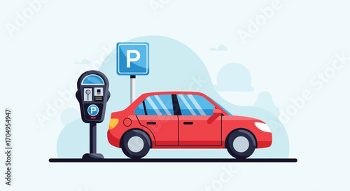 A red car parked on the street next to a modern parking meter and a blue parking sign.