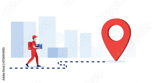 Delivery person walking with a package towards a location marker in a city.