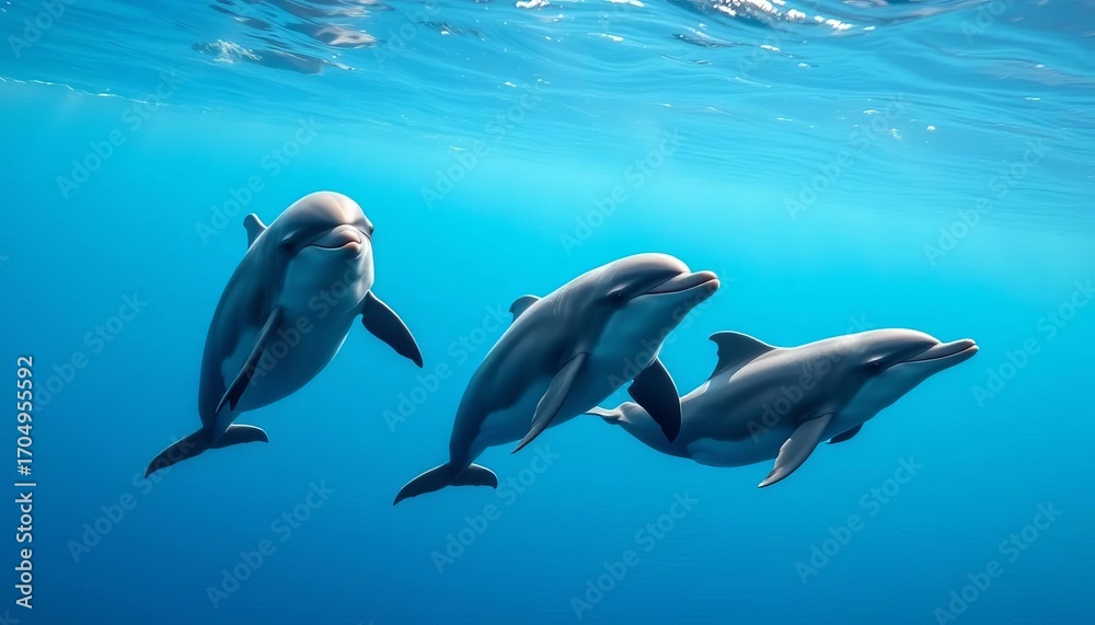 Fototapeta premium Three bottlenose dolphins swimming together in ocean, playfully interacting, cetacean, bottlenose