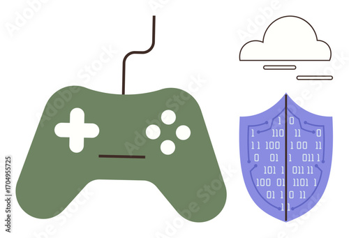 Gaming controller beside a shield with binary digits and a cloud outline. Ideal for gaming, technology, cybersecurity, online data, cloud computing, digital protection, innovation. A simple flat