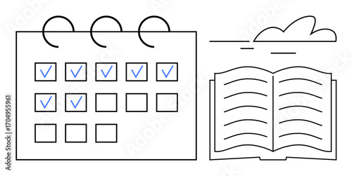 Calendar with daily checkmarks beside an open book and cloud illustration. Ideal for planning, scheduling, education, organization, productivity, time management, personal growth. Simple flat