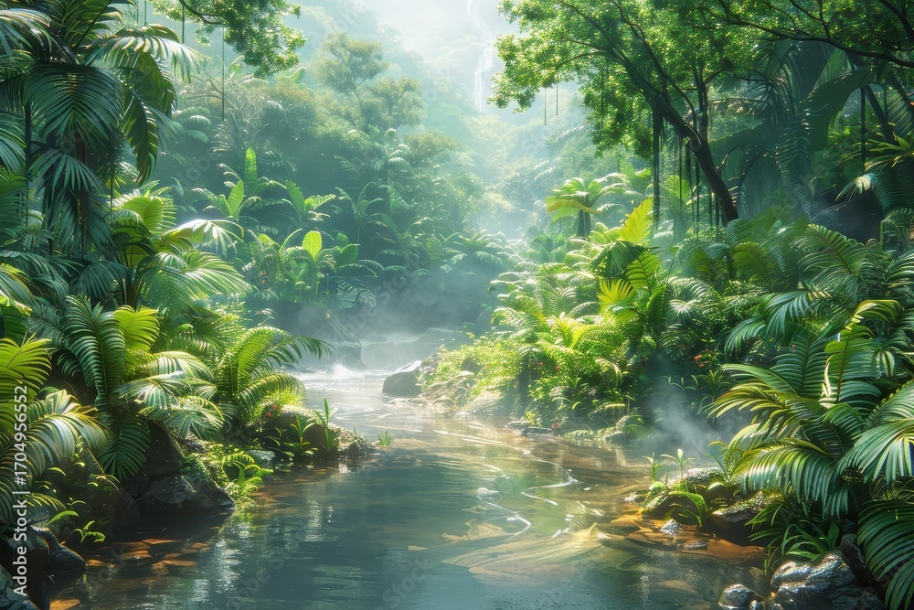 Fototapeta premium Lush jungle scene with a winding river.