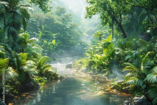 Lush jungle scene with a winding river.