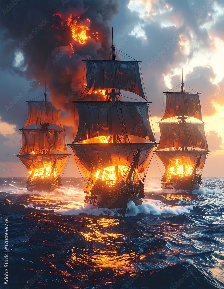 Obraz premium Burning ships at sunset