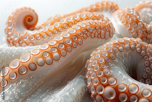 Photorealistic spiral of glistening squid tentacles.