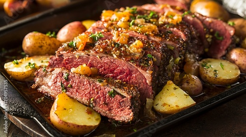 Cooked corned beef and cabbage brisket with potatoes