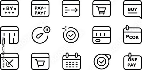 Buy Now, Pay Later (BNPL) and payment method icons – minimalist line art for digital checkout, installment plans, and one-click payments.