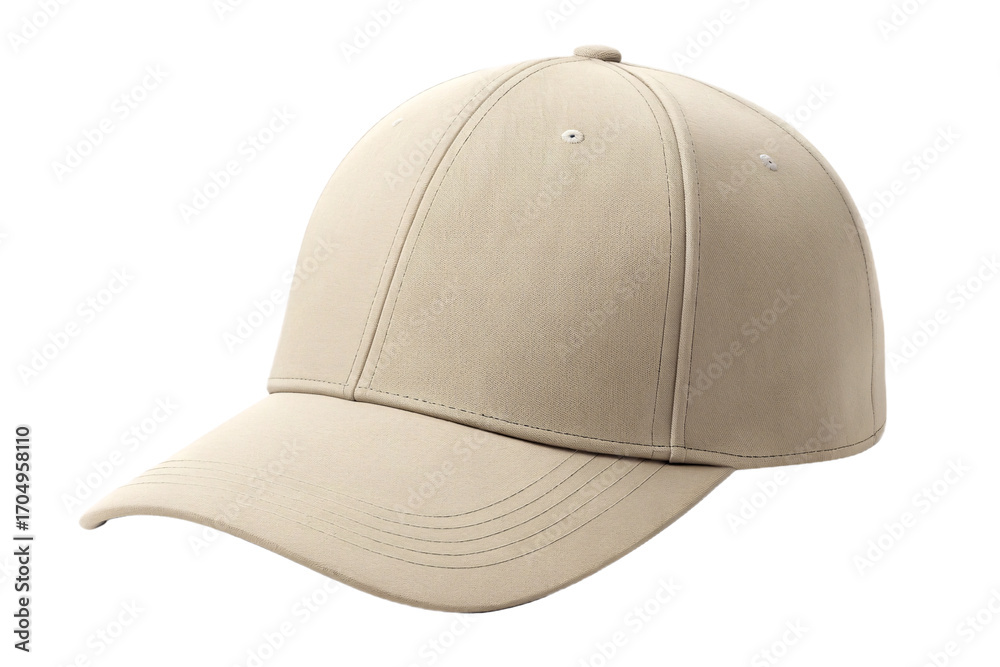 Fototapeta premium Beige baseball cap with clean lines and curved bill, neutral tone casual wear, isolated on a transparent background