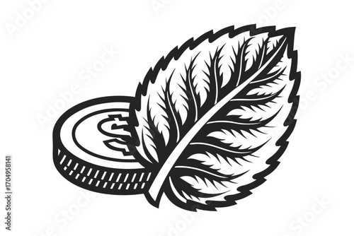 Black dollar coin and mint leaf icon are closely positioned together