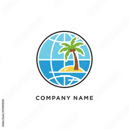 Global travel agency logo with tropical island and palm tree.