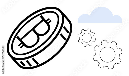 Bitcoin coin with blockchain elements, cloud, and gears representing cryptocurrency, decentralized finance, and automation. Ideal for fintech, blockchain, innovation, technology finance