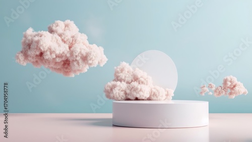 Dreamy 3D podium with a blue cloud background and pastel sky, featuring a minimalist platform and white display stage.