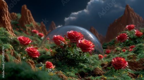 Protected Roses in a Surreal Landscape Under Stormy Skies - Nature's Fragile Beauty Enclosed
