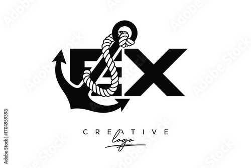 EX Creative Monogram Latter Logo with Anchor and Rope Design Minimalistic Logo Design 