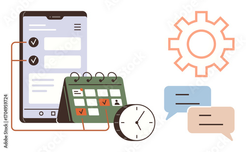 Smartphone with tasks, a calendar planner, clock, chat bubbles, and cogwheel for planning, time management, collaboration, teamwork organization productivity and goal-setting. Ideal for digital