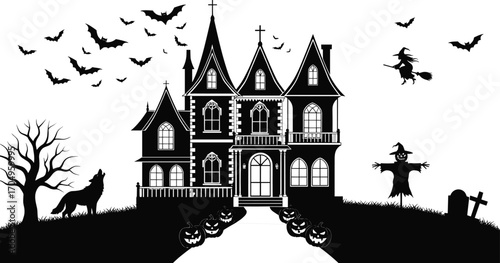 Spooky haunted house with bats, witch flying, scarecrow, graveyard, pumpkins, wolf, and creepy tree Halloween vector silhouette illustration