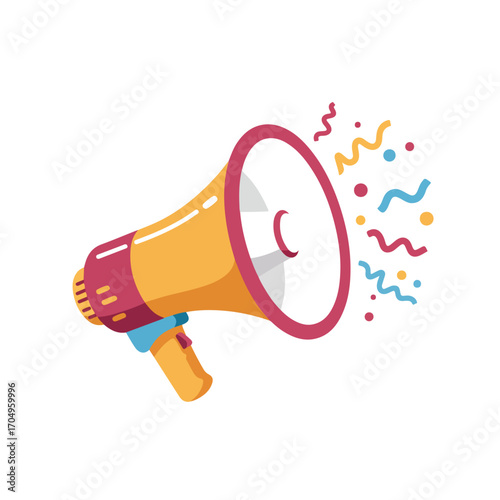 Yellow and red megaphone with colorful confetti suitable for party or event announcement graphics, marketing campaigns, celebration promotions.