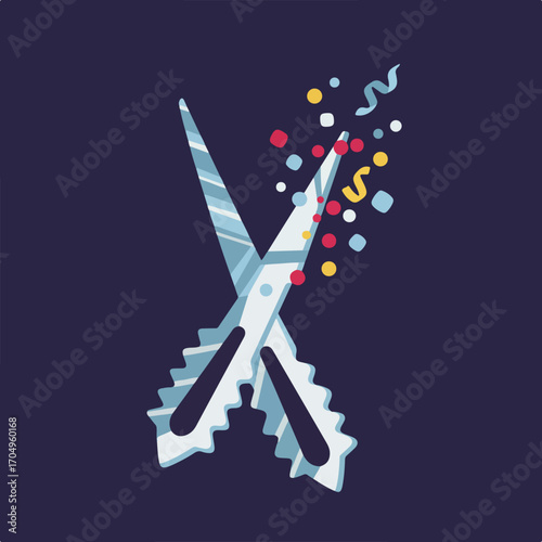 Celebratory silver scissors cutting confetti against dark background. Perfect for party invitations, event promotions, and festive designs.