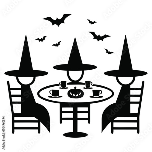 A black silhouette of a witches tea party