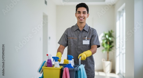Young hispanic man, a cleaner, holding cleaning cart with equipment. Professional service and maintenance concept. For domestic service.