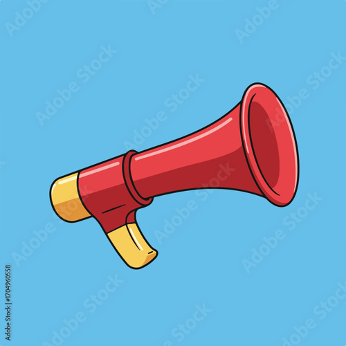 Red and yellow cartoon megaphone on blue background suitable for announcements, advertising, communication, cheering, protest, or attentiongrabbing concepts.