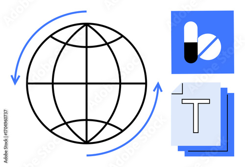 Global network with arrows, pill and capsule, text document stack. Ideal for healthcare, technology, education, innovation, communication, research simple landing page