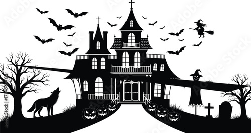Spooky haunted mansion with flying bats, witch, scarecrow, howling wolf, pumpkins, graveyard, bare trees, Halloween night vector silhouette illustration