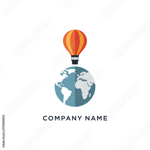 Hot air balloon flying over planet Earth globe logo concept.