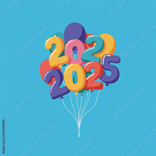 2025 balloons against blue background. Perfect for new years, events, celebration graphics, party invitations, and festive designs.