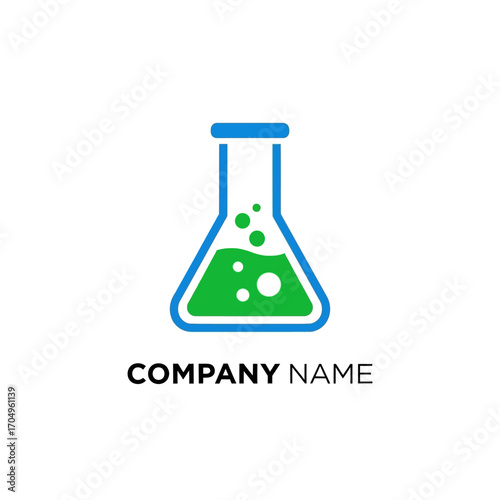 Laboratory flask with green liquid and bubbles for science company logo.