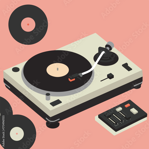 Vintage record player with two vinyl records on a vibrant pink background suitable for music, nostalgia, retro themes, or vinyl enthusiasts.