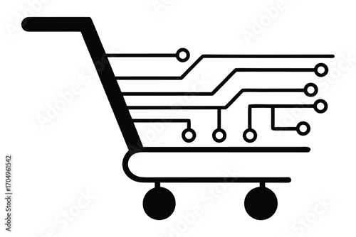 Black Shopping Cart Icon with Circuit Board Details on White Background