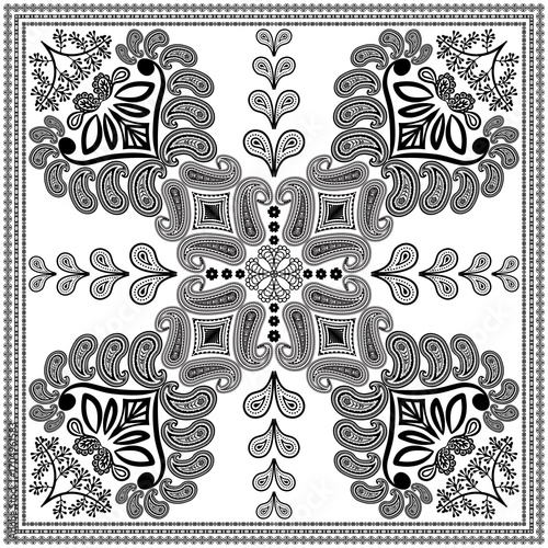 Bandana paisley square ethnic floral hand drawn pattern.Ornament classic vintage vector elements black on white background.Design for scarf,headscarf,kerchief,hijab,tablecloth,print fabric,decoration.