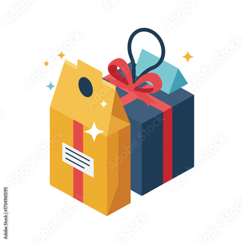 Perfect for celebratory occasions, showcasing vibrant gift boxes with a yellow bag and bow, ideal for birthday or holidaythemed designs.