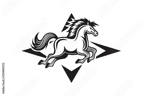 Black Silhouette Horse Running on Abstract Landscape Design, White Background