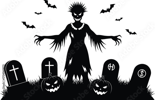 Terrifying witch zombie rising from graveyard with pumpkins, tombstones, flying bats, eerie night, Halloween horror vector silhouette illustration