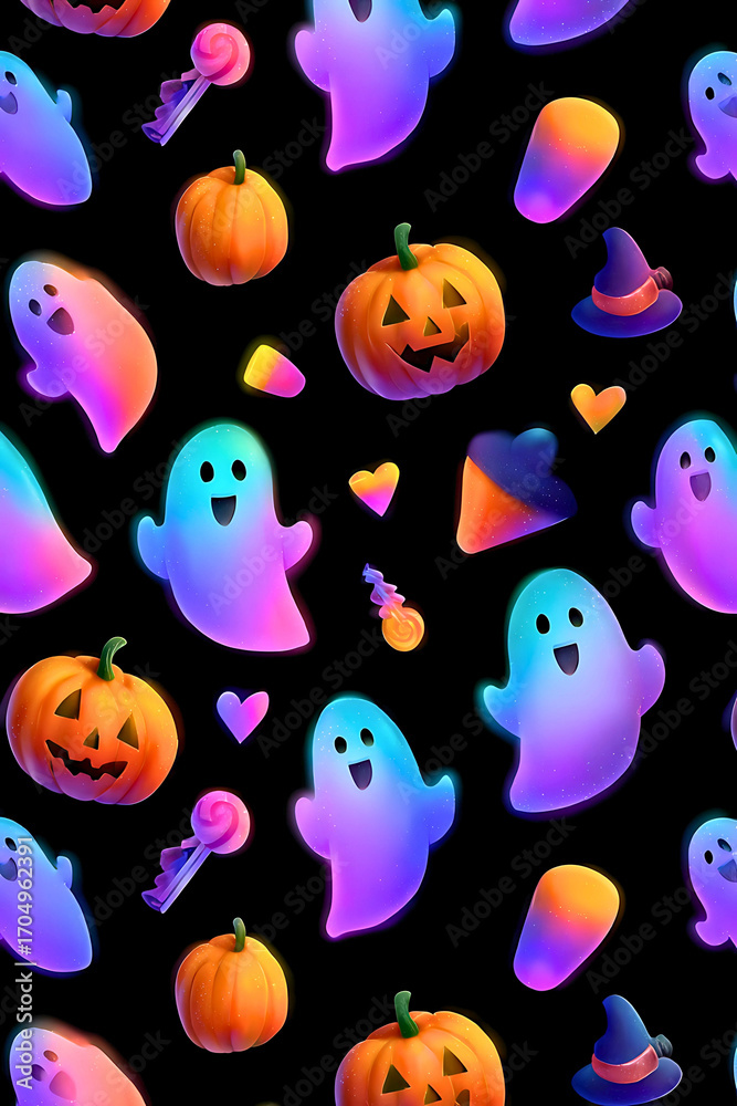 Fototapeta premium Playful halloween ghost and pumpkin pattern with candy and hats festive autumn spooky fun