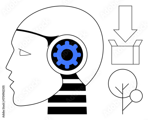 Minimalist profile with gear in head symbolizing AI, arrow above a box for input, and a tree for sustainability. Ideal for AI, innovation, decision-making, creativity, sustainability, technology