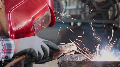Track Shot Side View Construction Industrial Factory or Metalwork Concept by Mechanic or Technician Welder Welding Structure Parts