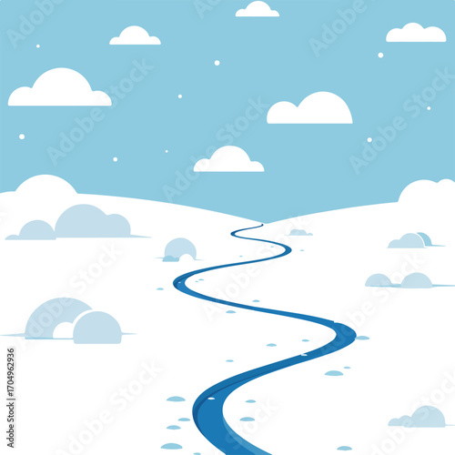 Blue river winds through snowy landscape, beneath cloudy sky. Suitable for winter themed designs, nature backgrounds, outdoor adventure concepts.