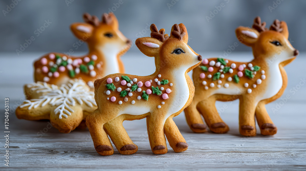 Fototapeta premium Three deer-shaped Christmas cookies with white, pink, and green icing dots are arranged on a light wooden surface. A snowflake cookie is also visible