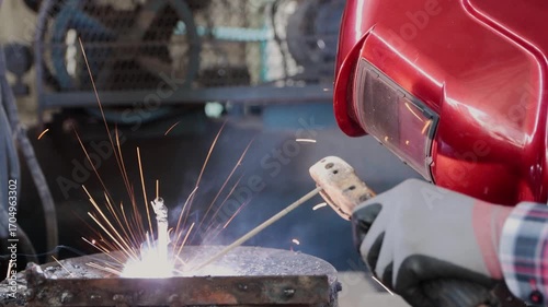 Side View Construction Industrial Factory or Metalwork Concept by Mechanic or Technician Welder Welding Structure Parts