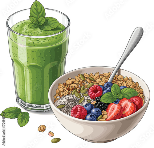 Gourmet Green Smoothie with Breakfast Bowl and Props Vector 2