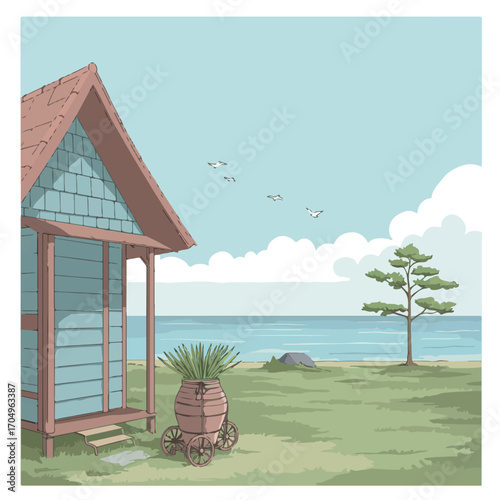 Beachside scene with a charming beach house, tree, sky, birds, grass, and ocean. Perfect for travel brochures and websites.