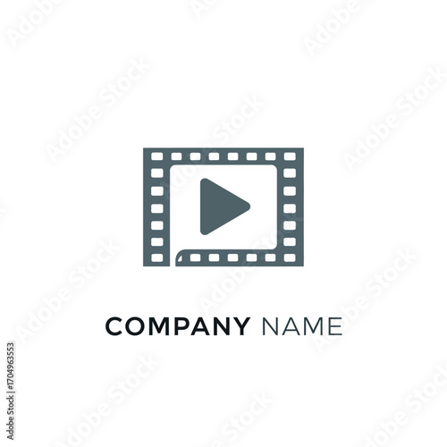 Minimalist film strip and play button logo for media company.
